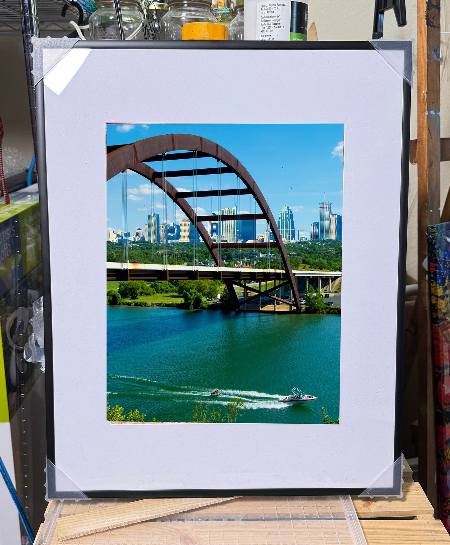 Pennybacker Bridge Skiboat photograph 16x20x1 metal black frame