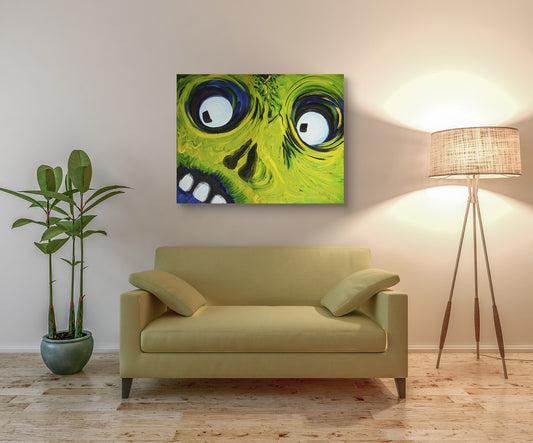 Crazy Eyes oil painting by Doug LaRue on a wall over a small couch