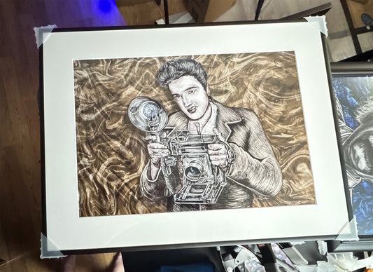 Elvis Presley art by Doug LaRue 18x24 blk metal frame @ART PARK