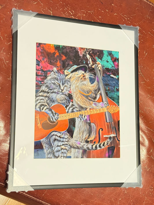 Buskers and Scruffy mixed media art by Doug LaRue 11x14x1 black metal frame white mat