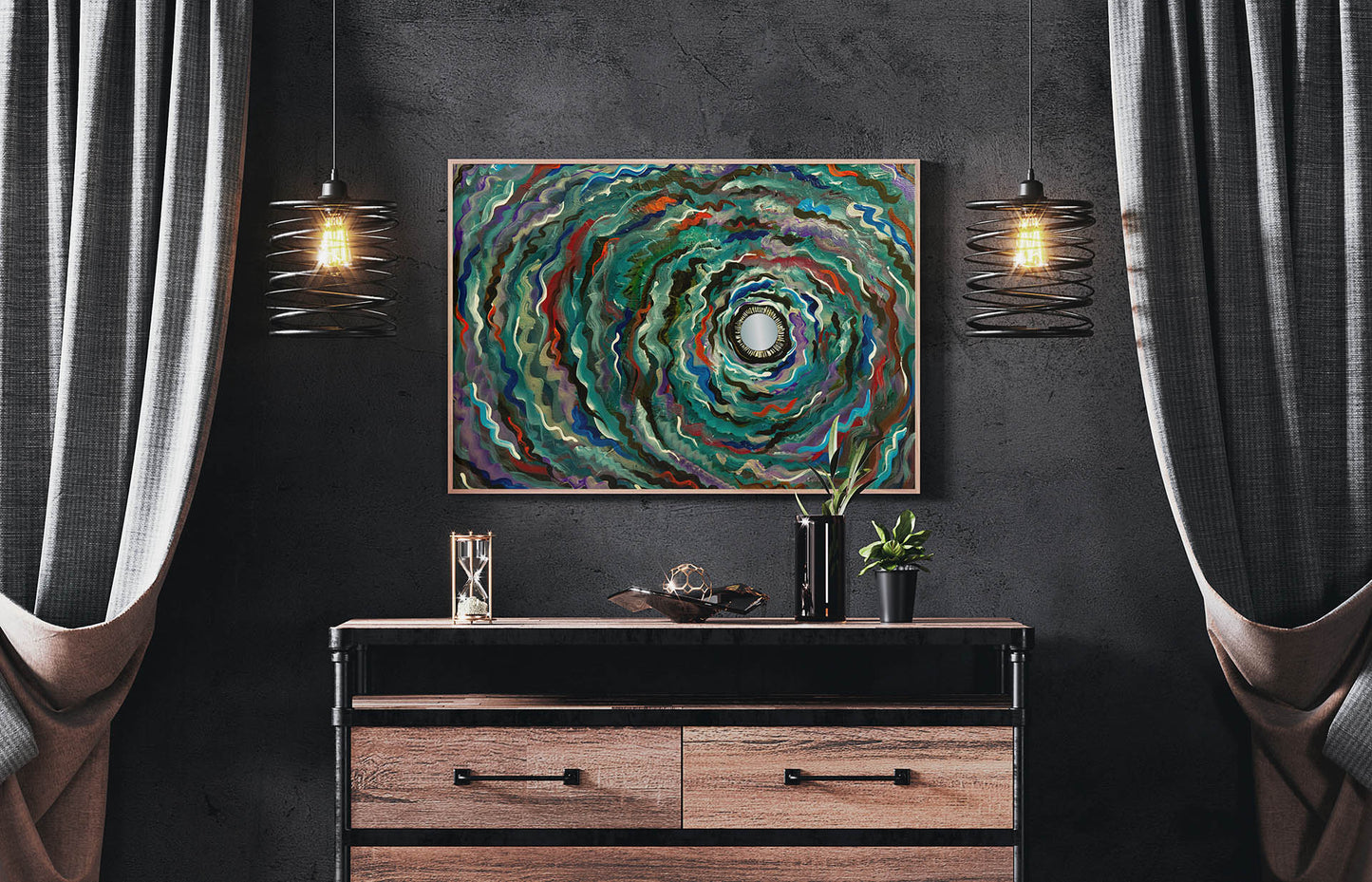 Metallic Vortex abstract painting by Doug LaRue on a bedroom wall over a dresser