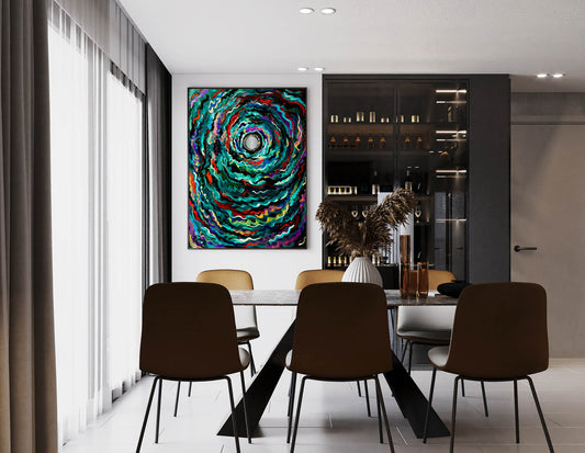 Metallic Vortex abstract painting by Doug LaRue on a dining room wall near a large window