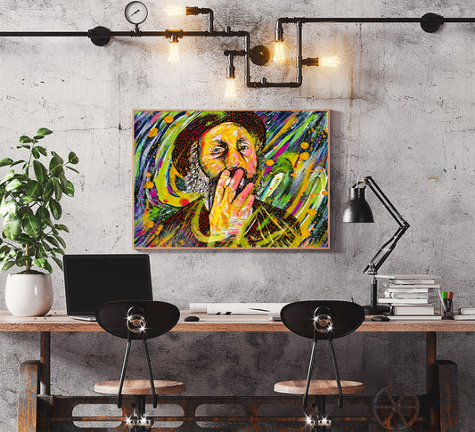 Mr. Brainwash mixed media portrait by Doug LaRue in a thin wood frame over a desk