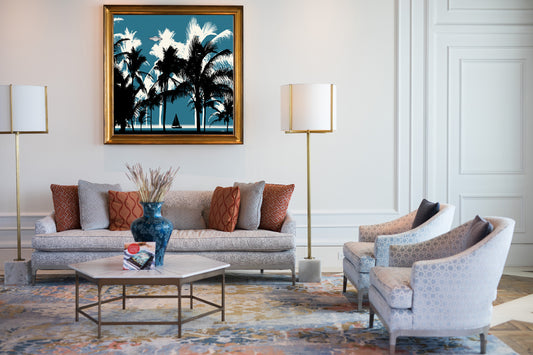 Majestic Beach by Doug LaRue in a gold frame in a upscale den