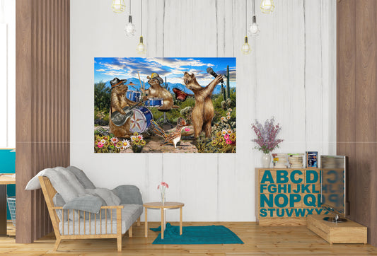Living room with a large wall art of Prairie Dogs playing instruments in a desert setting. The Prairie Dogs live by Doug LaRue