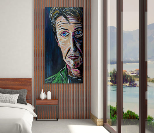 Modern bedroom with a large abstract portrait of Sean Penn Forlorn by Doug LaRue on the wall, a nightstand with decorative items, and a view of a lake.