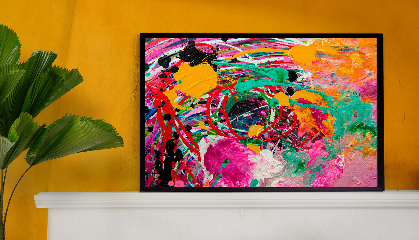 Sweetbriar by Doug LaRue on a white mantel leaning on a yellow wall next to a green plant