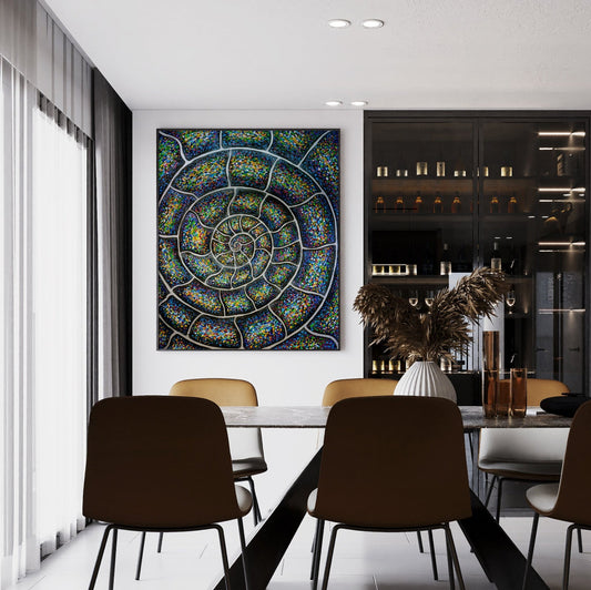 Chromatic Nautilus Ammonite painting on a dining room wall