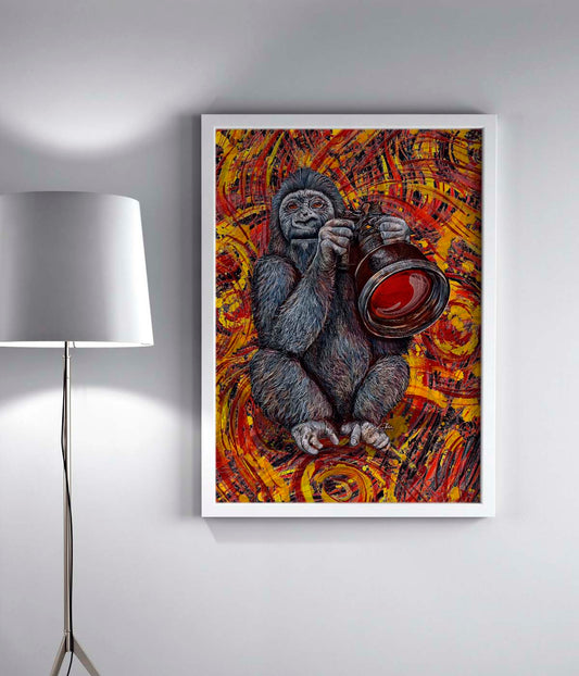 Sports Photographer art by Doug LaRue in a white frame by a lamp