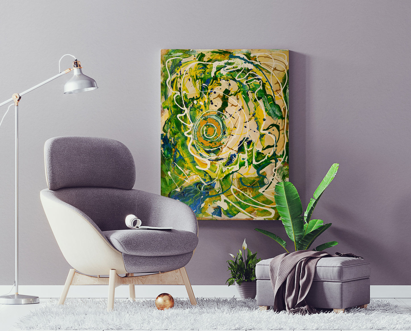 Bluezilla Abstract painting by a reading chair and a plant by Doug LaRue