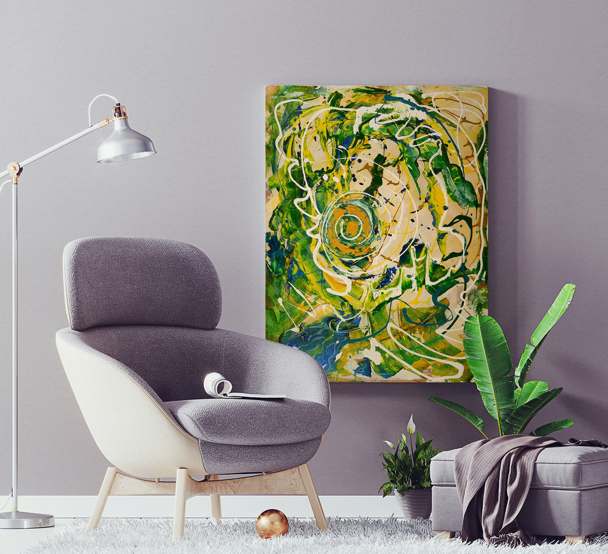 Bluezilla Abstract painting by a reading chair and a plant by Doug LaRue