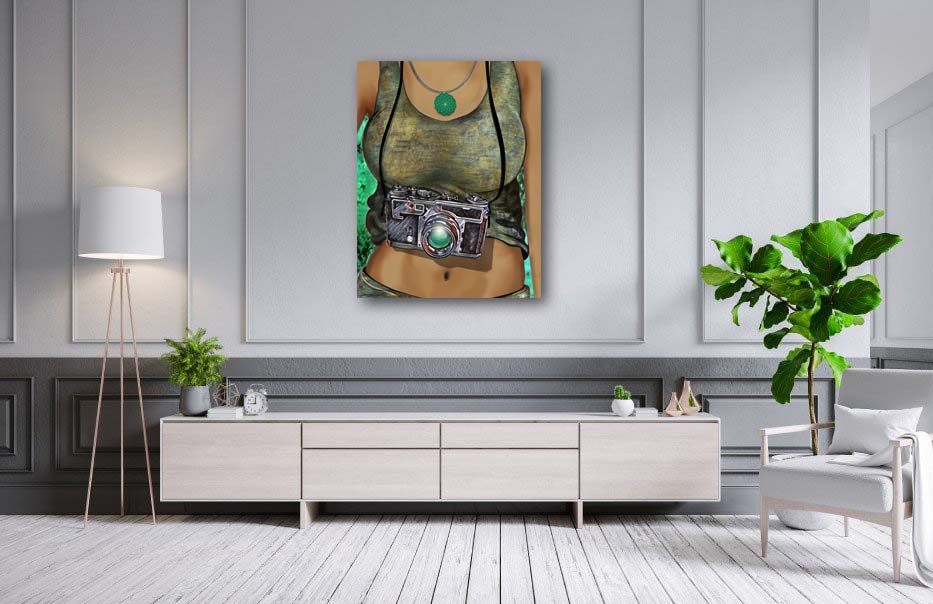 Camera Tank mixed media art by Doug LaRue on a white panel wall