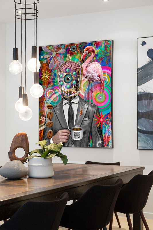 Colorful abstract painting of a person with a flamingo on a wall above a dining table. Company Man by Doug LaRue