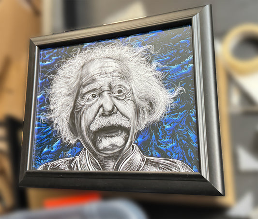 Albert Einstein mixed media by Doug LaRue 12x16 blk frame @ART PARK