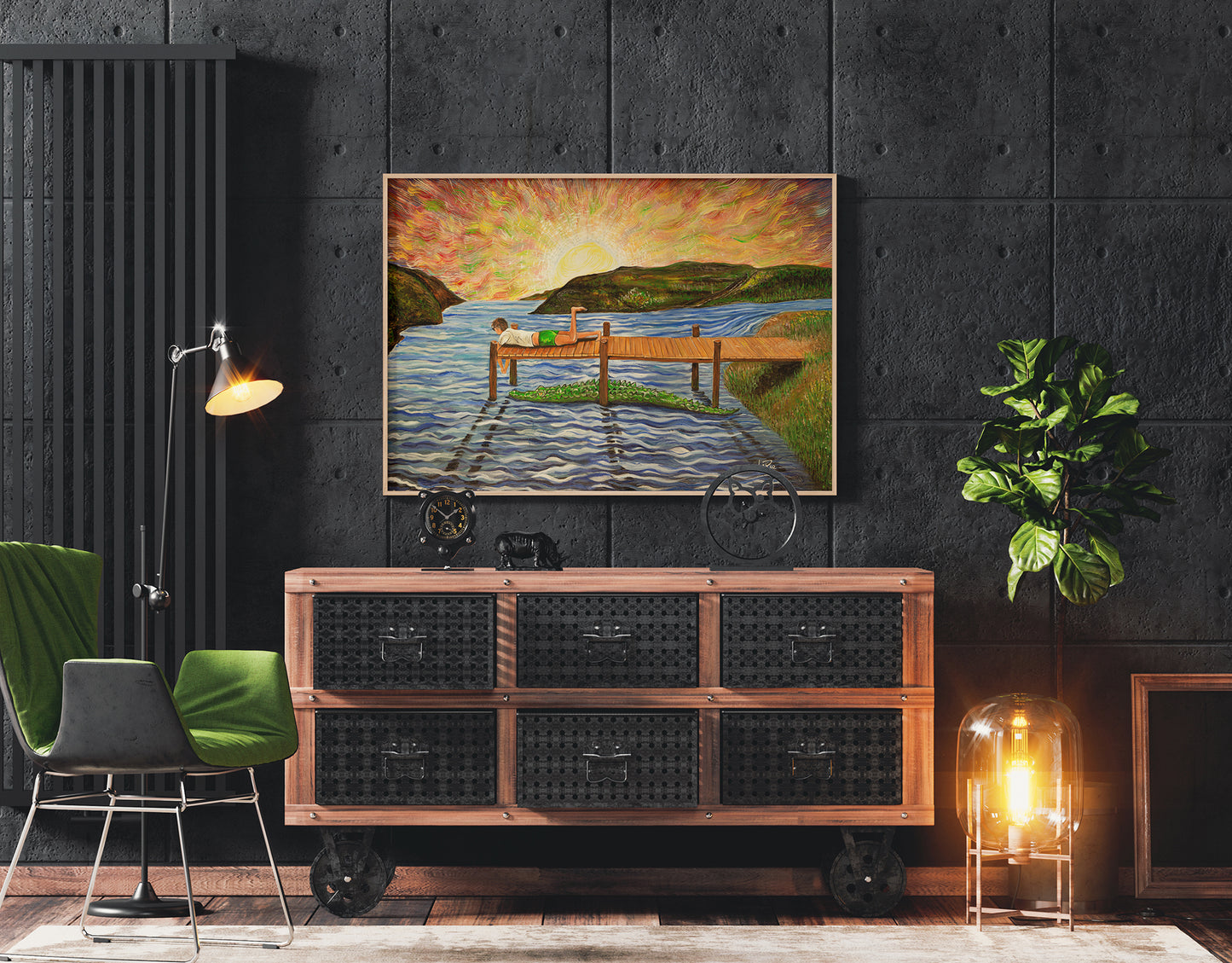 Gator Bay oil painting by Doug LaRue on a dark grey wall