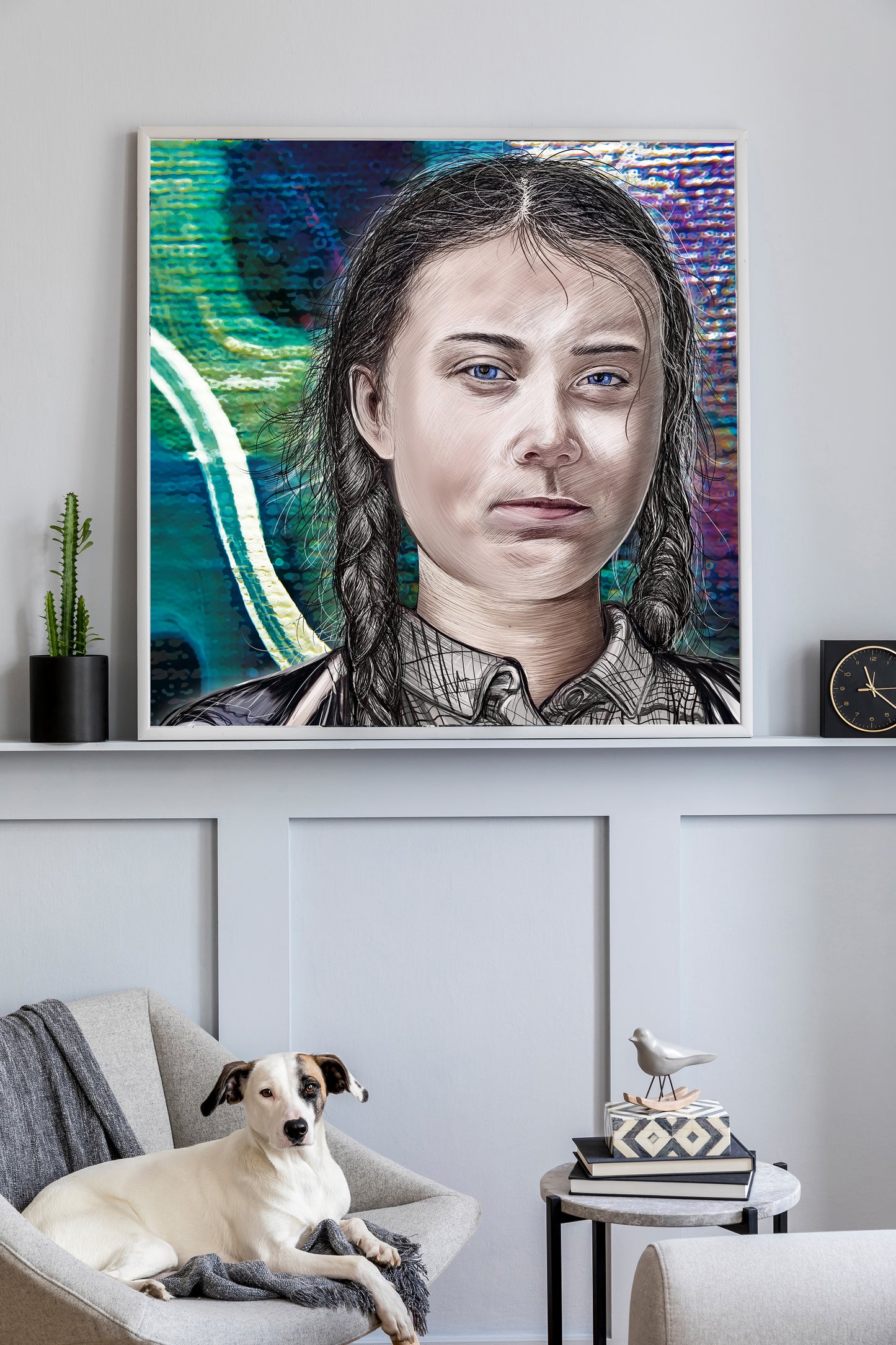 A framed canvas art print featuring a realistic painted portrait of a young woman with braided hair, displayed on a shelf in a living room setting above a chair with a dog. Greta Thunberg by Doug LaRue