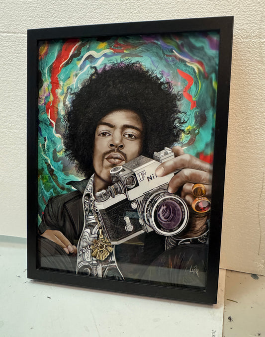 Jimi Hendrix F Photomic mixed media art in blk wood frame by Doug LaRue