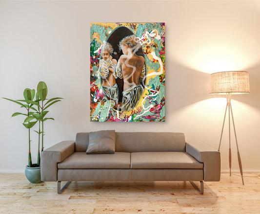 Colorful abstract painting on a wall above a gray sofa in a living room. Hyde Park Portal art by Doug LaRue