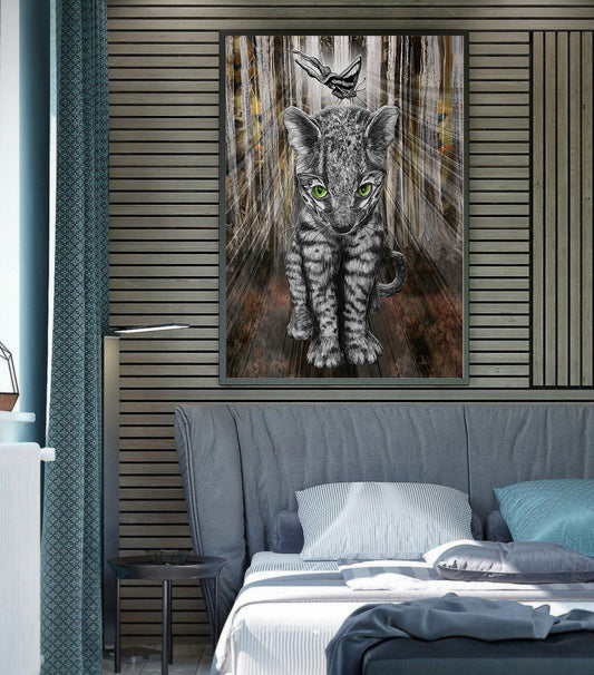 Jungle Kitty's Shiny New Friend mixed media art by Doug LaRue in a master bedroom on a wood slat panel wall