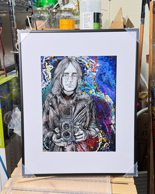 John Lennon Portrait by Doug LaRue 16x20 blk metal frame