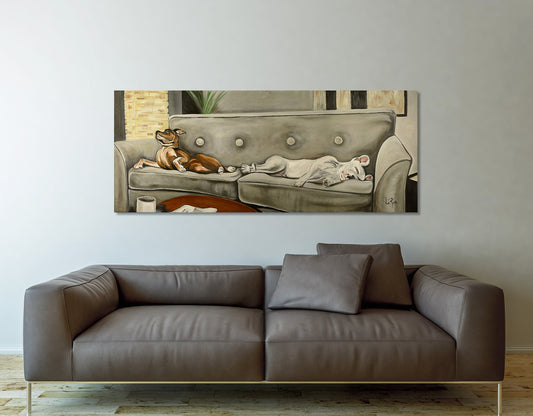 Let Sleeping Dogs oil painting over a leather couch