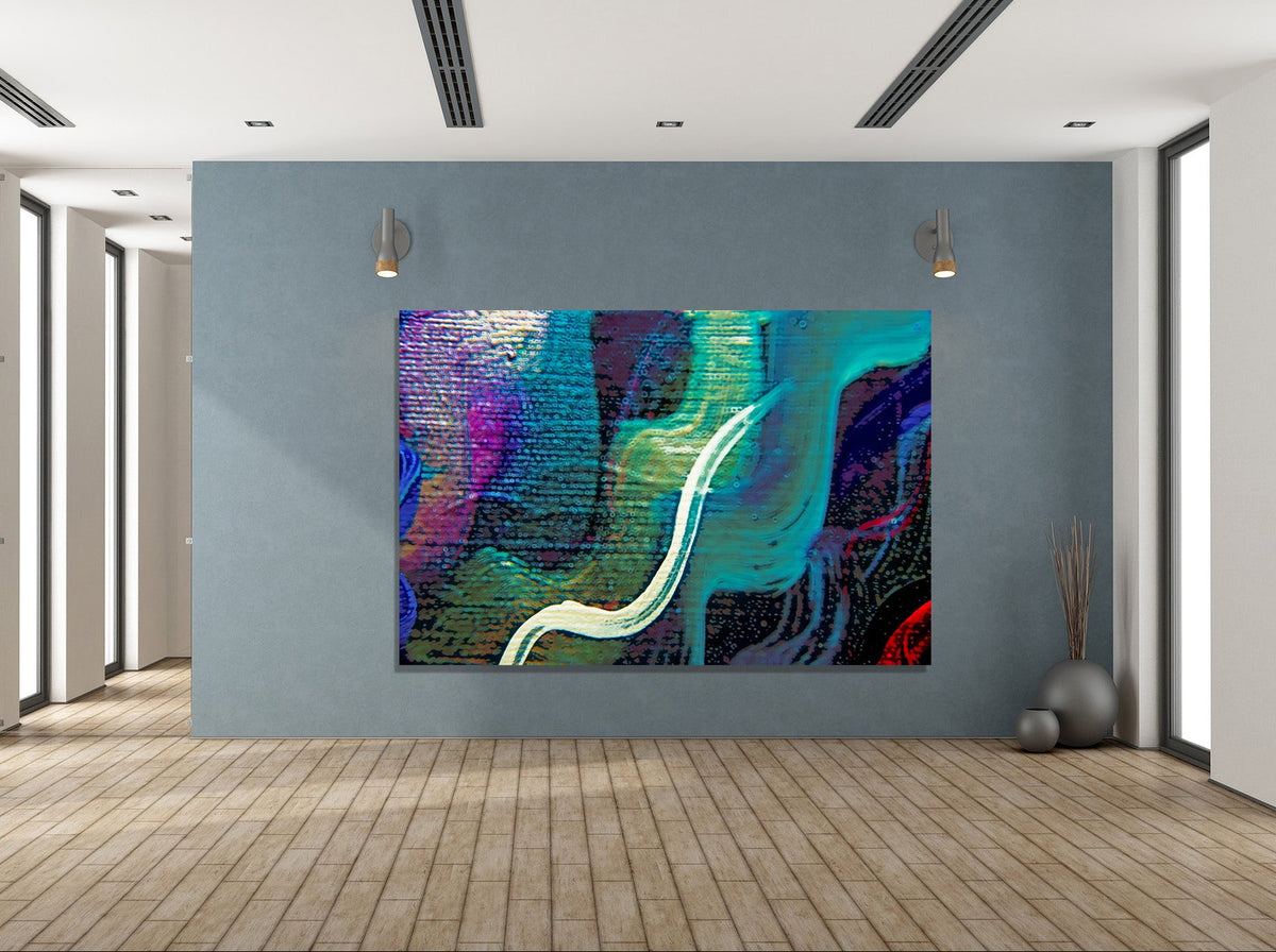 A large abstract canvas painting with vibrant teal, purple, blue, and white, displayed on a slate blue-gray wall in a modern gallery room with light wood floors. Lost Creek Feather art by Doug LaRue