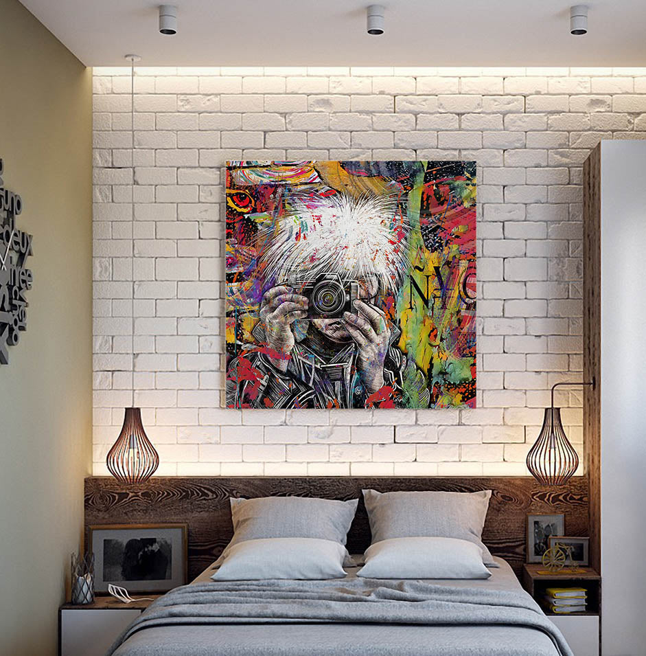 Warhol NYC mixed media metallic print over a bed on a white brick wall
