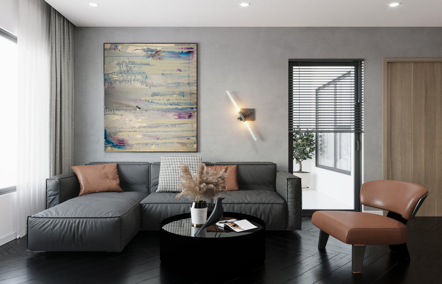 Pale Aquatic24x20x1.5 in. abstract canvas by Doug LaRue on a wall next to a grey modern sectional couch