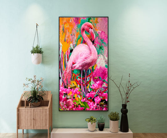 Colorful flamingo painting on a wall with decorative plants and furniture. Pink Flamingo by Doug LaRue