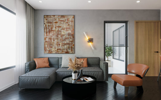 Precious Weave abstract art on a modern living room wall over a sectional couch
