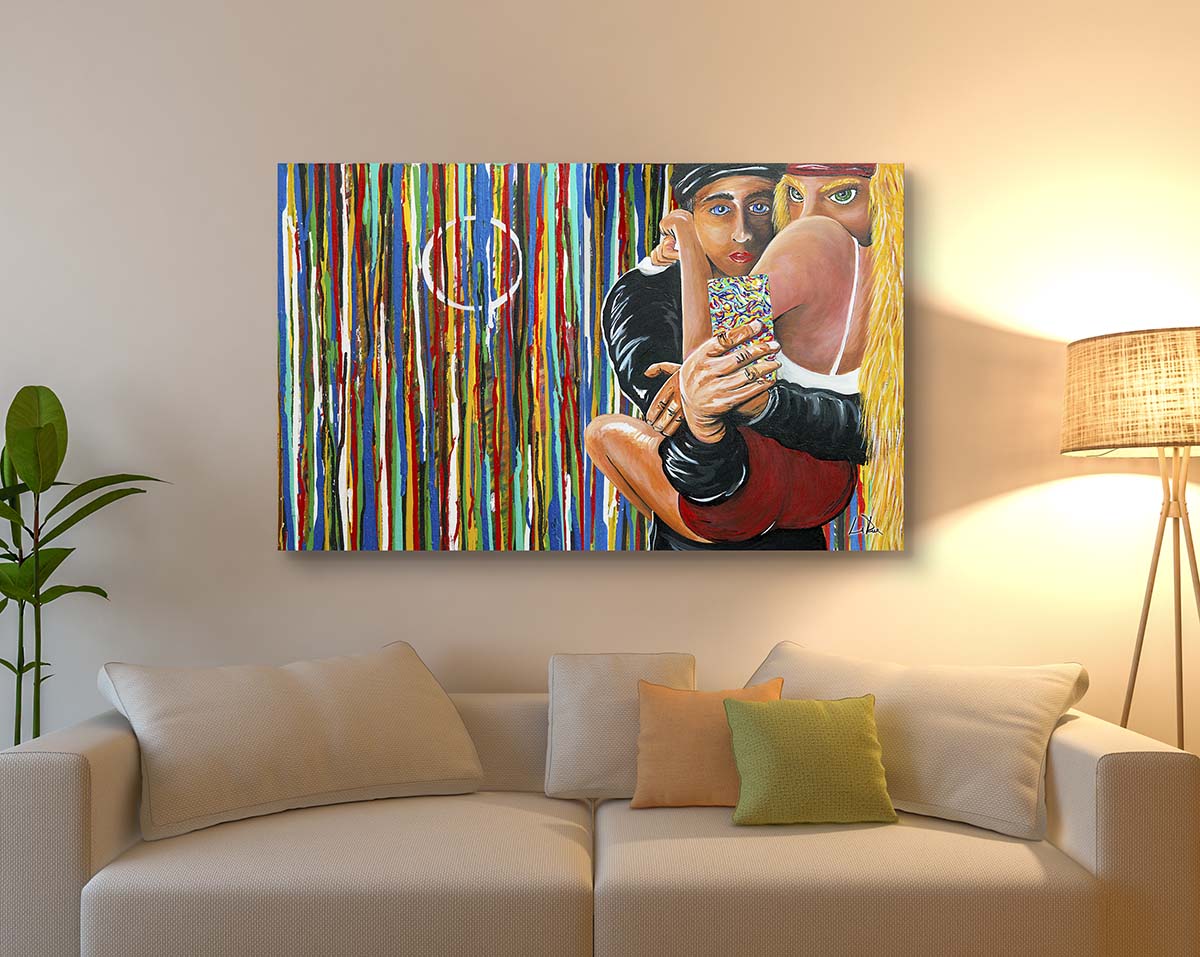 Selfie Wrap art by Doug LaRue on a tan wall over a tan couch