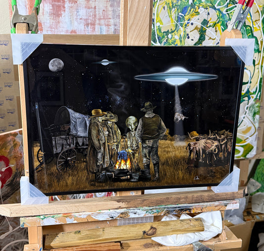 Space Cowboys mixed media art 13x19 in. in a black metal frame @NeWorlDeli