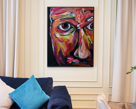 Truly Madly Deeply is a figurative abstract portrait painting by Doug LaRue in a minimalist black frame