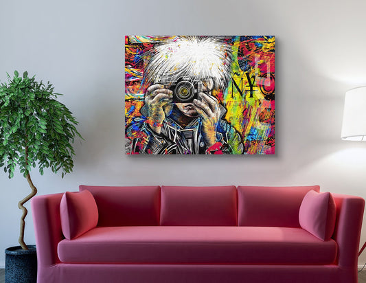 Warhols Camera ñ¥© mixed media art by Doug LaRue on a living room wall over a rose color couch