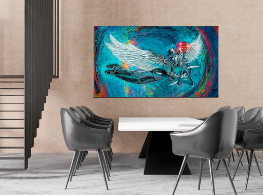 Modern interior with a dining table and chairs, featuring a colorful abstract painting on the wall. Winged 6 String by Doug LaRue