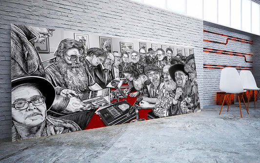 A mural print of Armadillo Art Squad ink illustration portrait by Doug LaRue