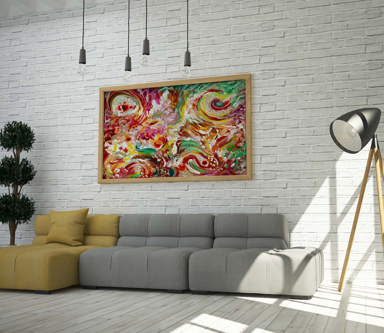 Disorganized Unicorn abstract art by Doug LaRue framed print on a white brick wall