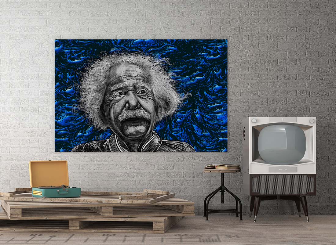 Albert Einstein mixed media by Doug LaRue Edit alt text large metal print on a white brick wall