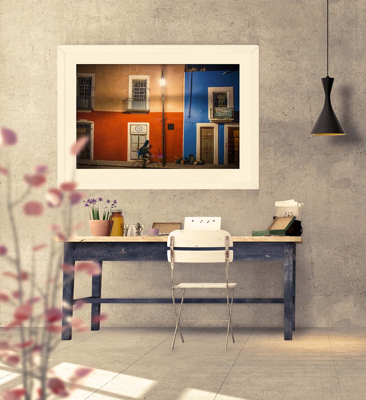 Guitar Shop Cyclist photograph by Doug LaRue large print on a work room wall over a desk