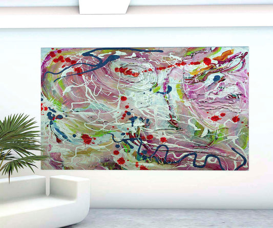 Surreal Birthday Cake abstract expressionist painting by Doug LaRue in a gallery setting