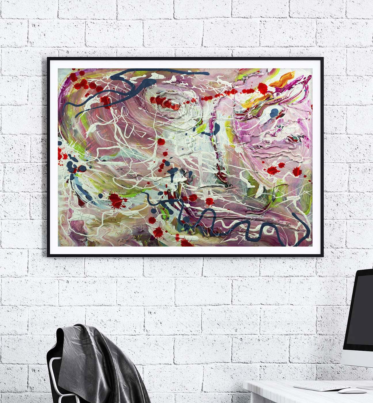 Surreal Birthday Cake abstract expressionist painting by Doug LaRue on a white brick wall