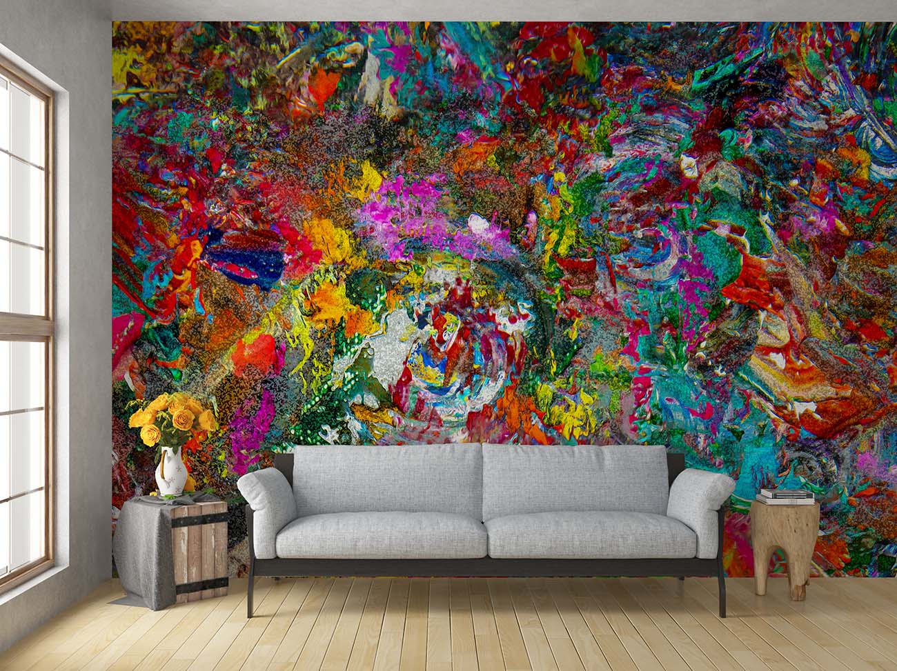 Vid19-72 Abstract Art by Doug LaRue as a wall mural in a living room. Contact the studio to get pricing on murals