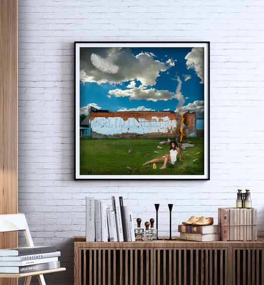 Angel Falls mixed media art by Doug LaRue on a white brick wall