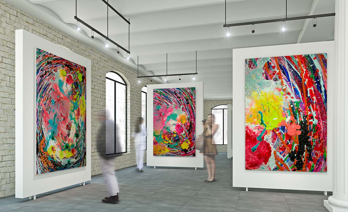 Bachelor Party A21 enlarged detail art prints in a gallery space