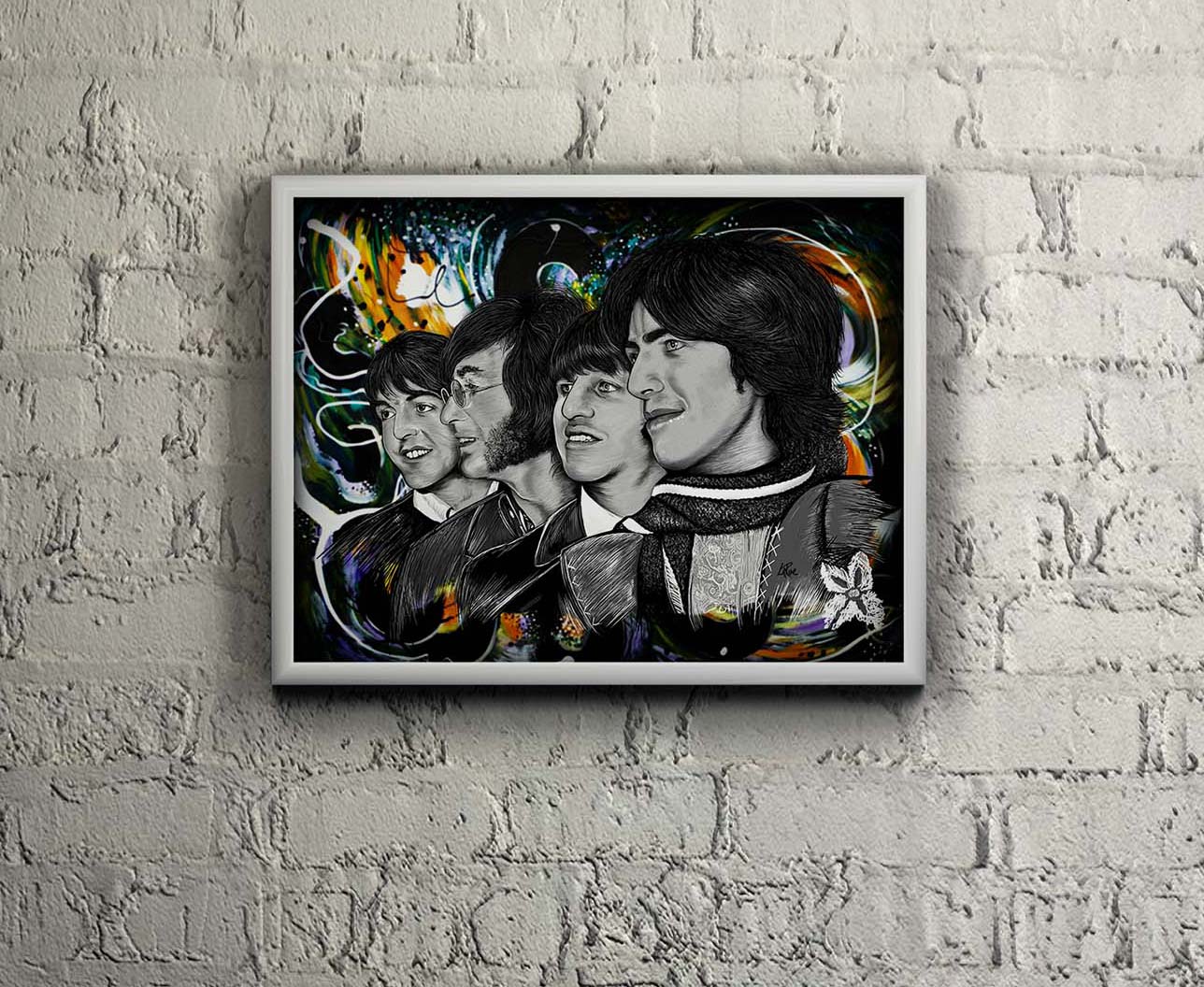 Beatles artwork by Doug LaRue on a white brick wall