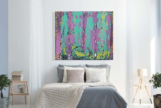Clouds Contain mixed media art by Doug LaRue over a bed