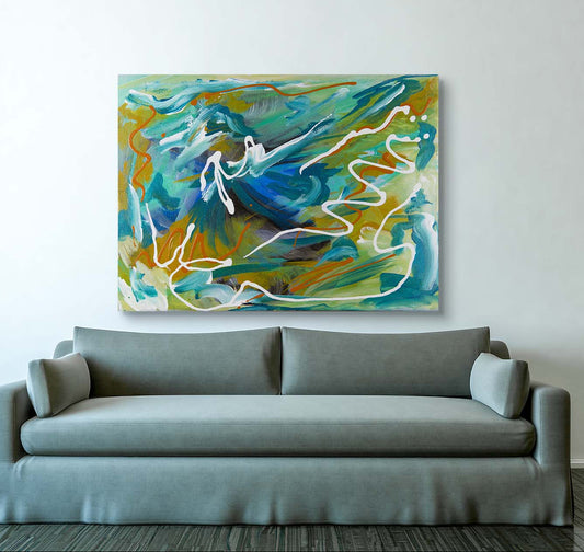 Eastern Mountain abstract canvas painting by Doug LaRue on a wall behind a couch