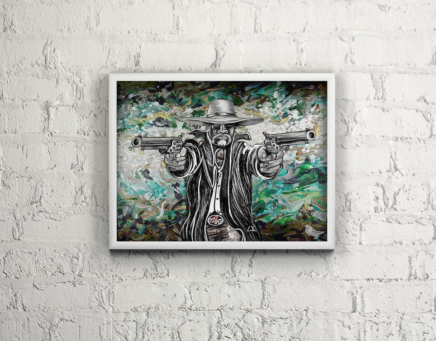 Hombre • Gunslinger mixed media art by Doug LaRuein a white frame on a white brick wall