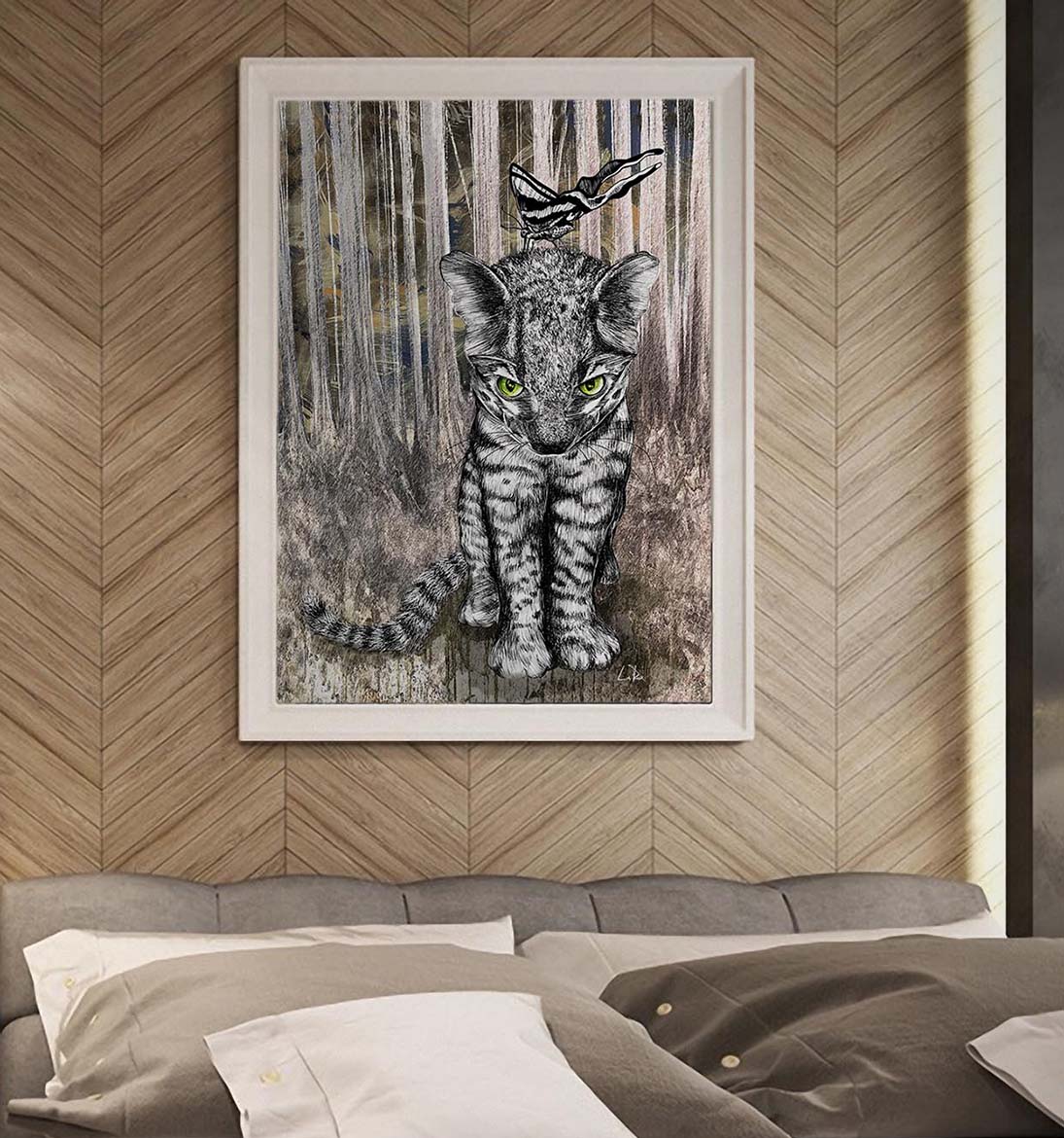 Jungle Kitty's New Friend mixed media art by Doug LaRue on a bedroom wall