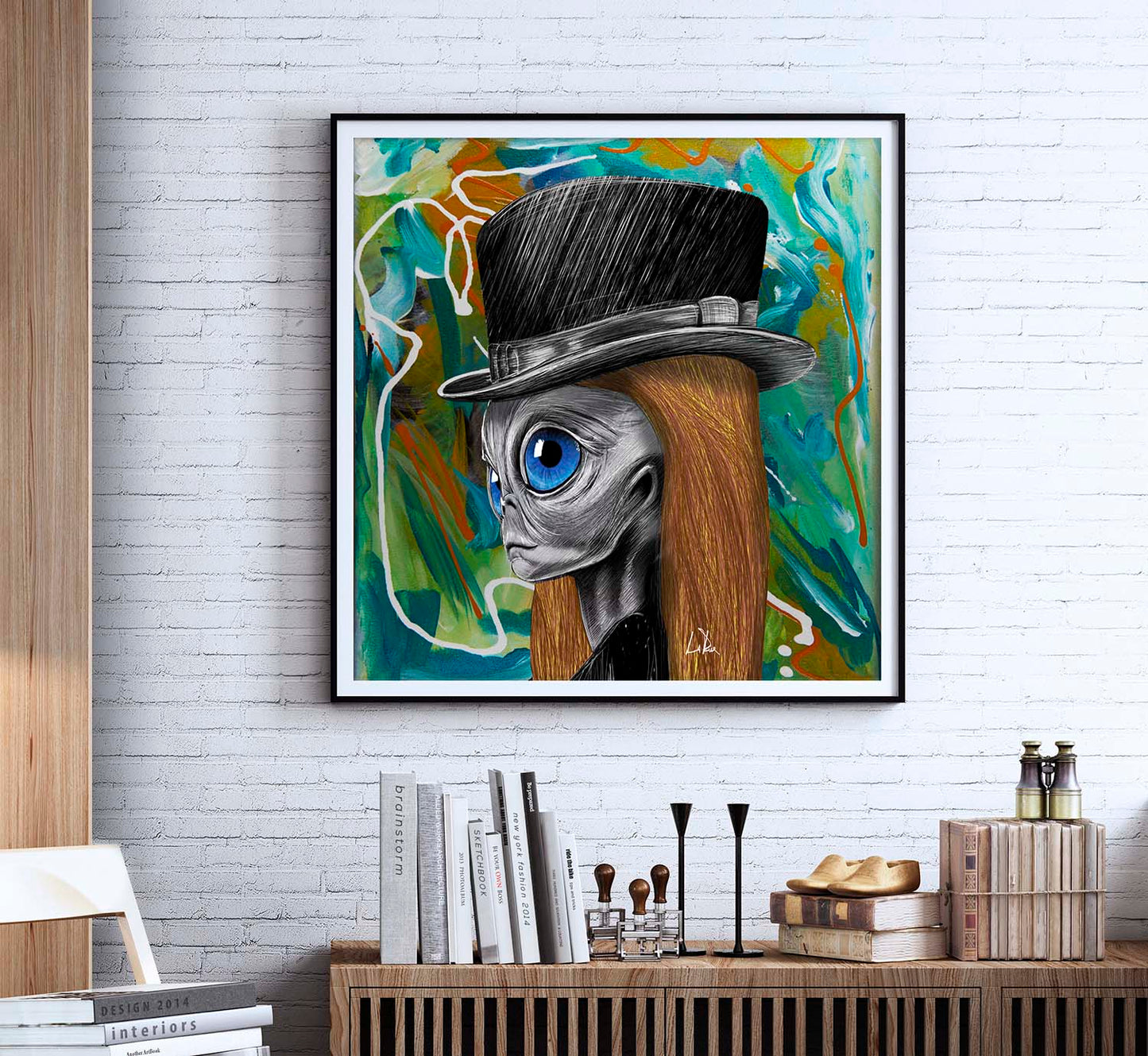 Lady Grey art by Doug LaRue on a white brick wall in an office